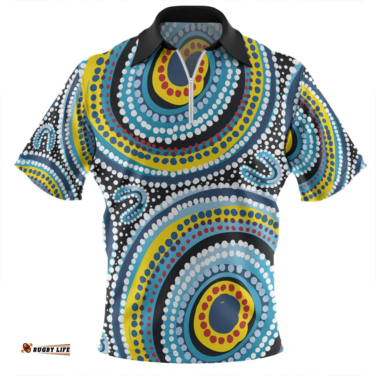 Australia Dot Painting Inspired Aboriginal Blue Aboriginal Style Dot Art Zip Polo Shirt