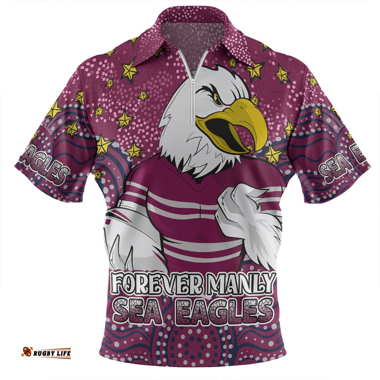Manly Warringah Sea Eagles Custom Zip Polo Shirt - Custom With Aboriginal Inspired Style Of Dot Painting Patterns  Zip Polo Shirt