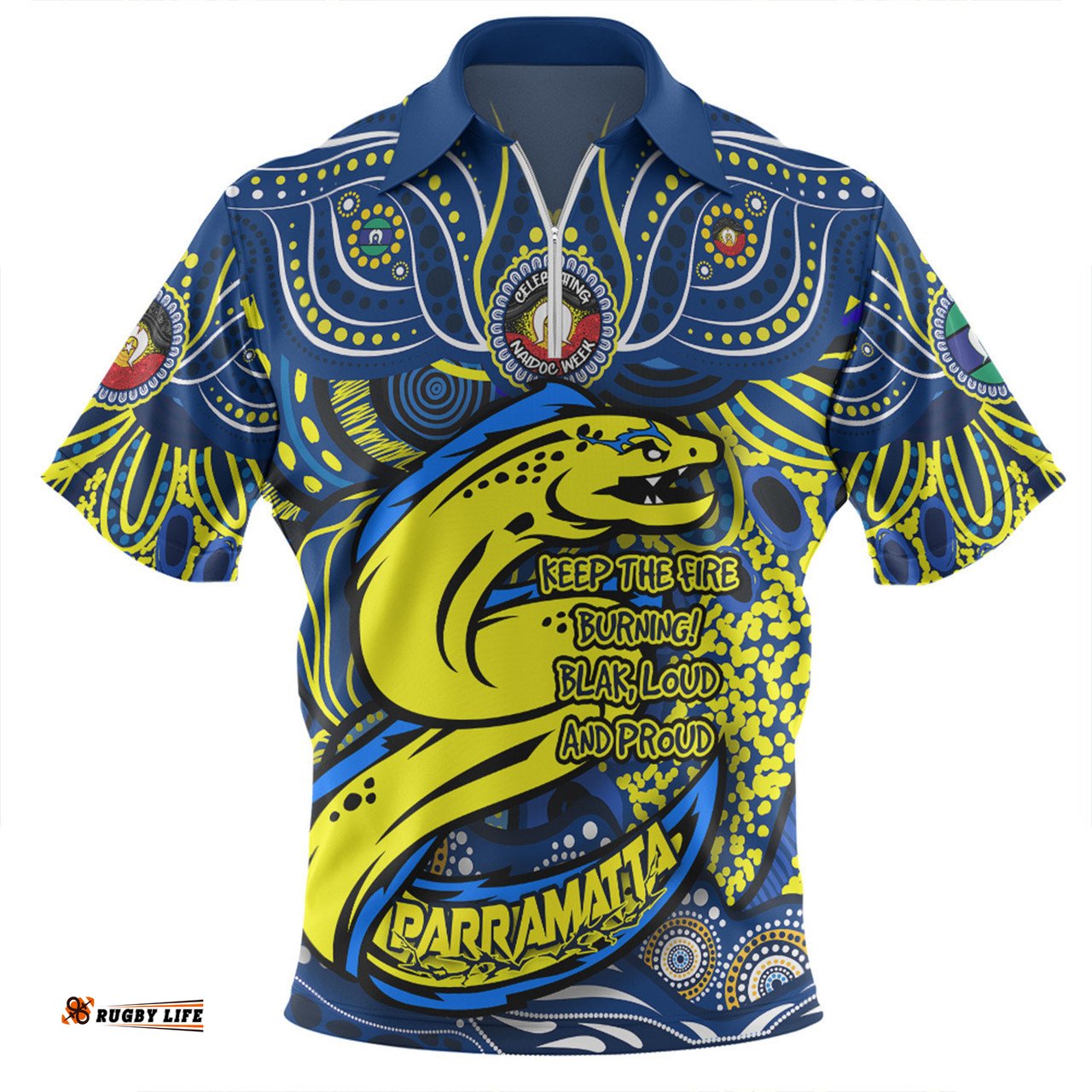 Parramatta Eels Zip Polo Shirt Celebrating Naidoc Week 2024 Aboriginal Dot Art Inspired