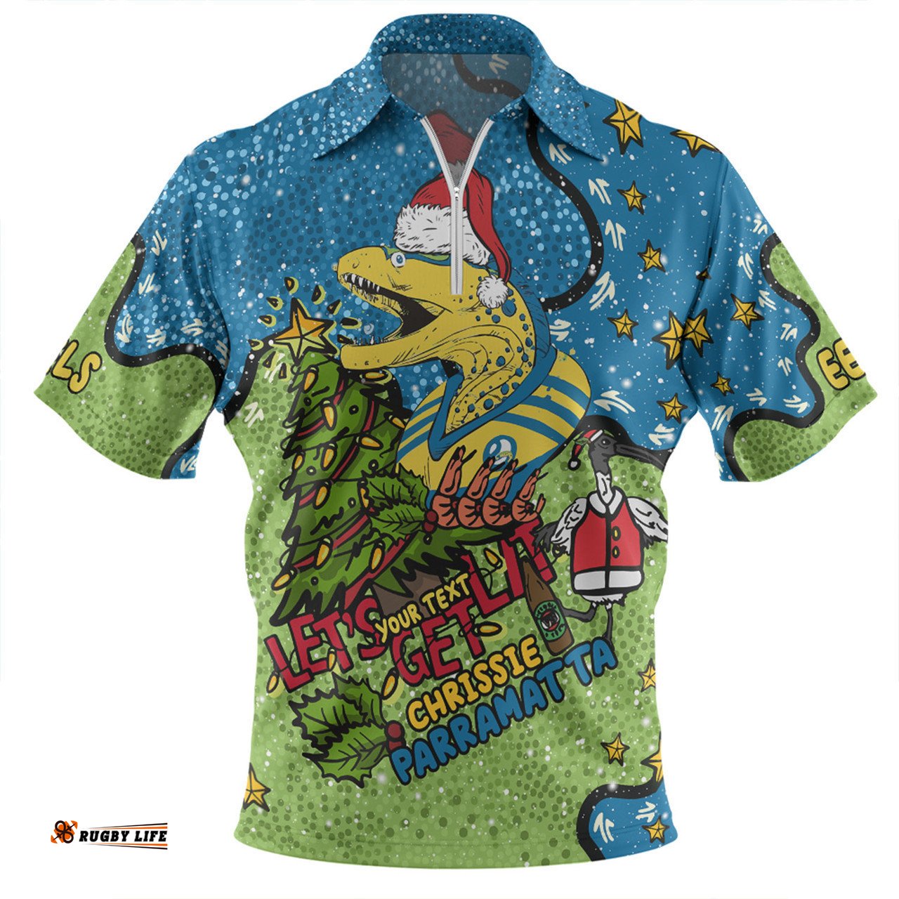 Parramatta Eels Christmas Custom Zip Polo Shirt - Let's Get Lit Chrisse Pressie Zip Polo Shirt