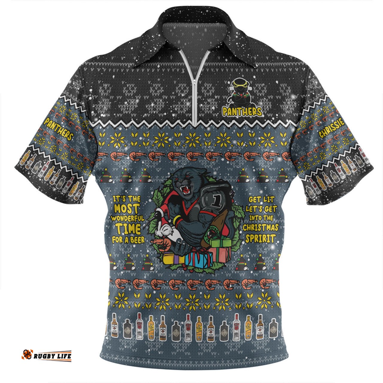 Penrith Panthers Christmas Custom Zip Polo Shirt - Chrissie Spirit Black Zip Polo Shirt
