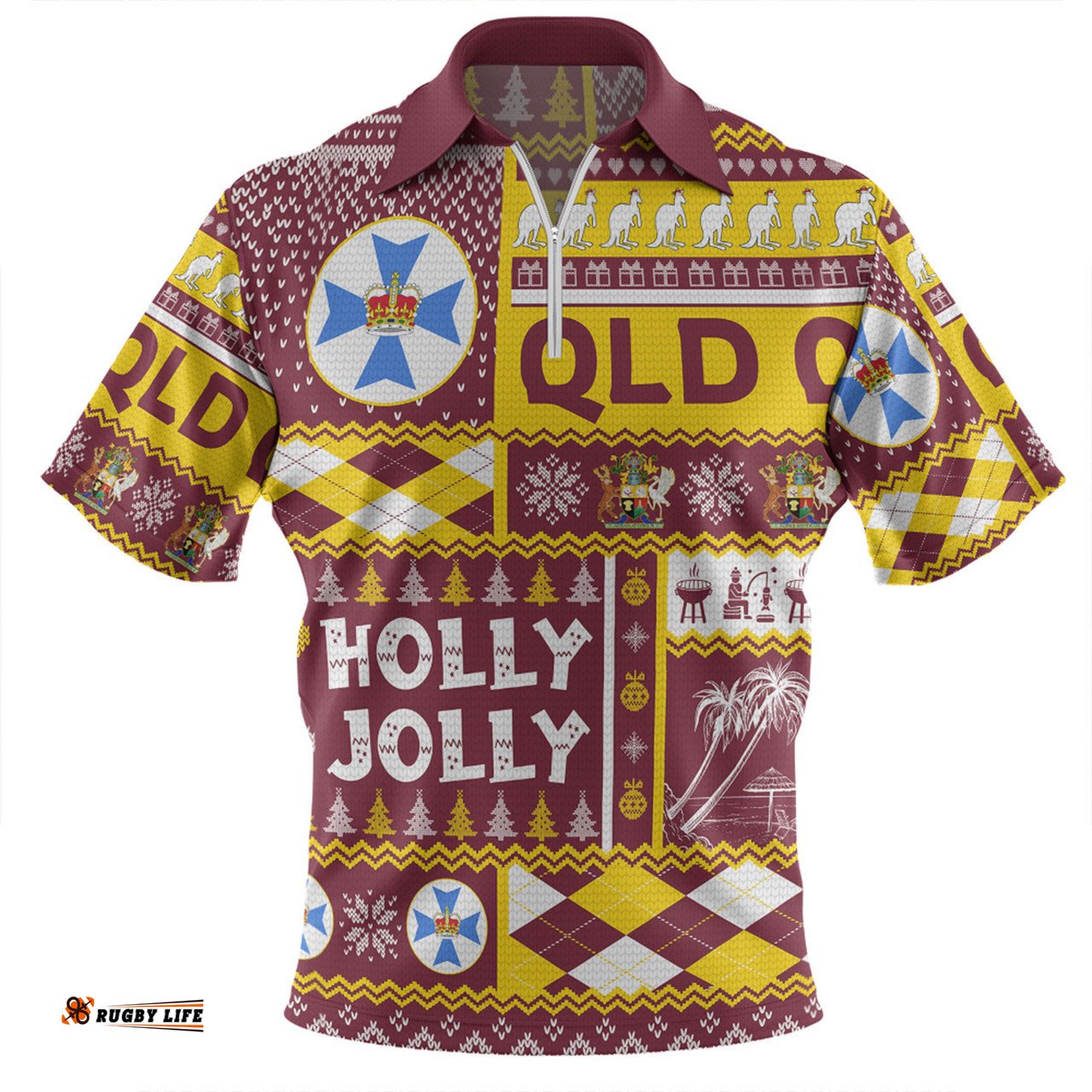 Queensland Christmas Zip Polo Shirt - Holly Jolly Chrissie Zip Polo Shirt