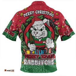 South Sydney Rabbitohs Custom Zip Polo Shirt - Merry Christmas Our Beloved Team With Aboriginal Dot Art Pattern Zip Polo Shirt