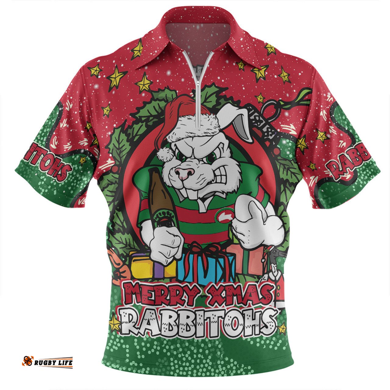South Sydney Rabbitohs Custom Zip Polo Shirt - Merry Christmas Our Beloved Team With Aboriginal Dot Art Pattern Zip Polo Shirt