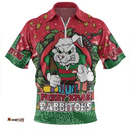 South Sydney Rabbitohs Custom Zip Polo Shirt - Merry Christmas Our Beloved Team With Aboriginal Dot Art Pattern Zip Polo Shirt