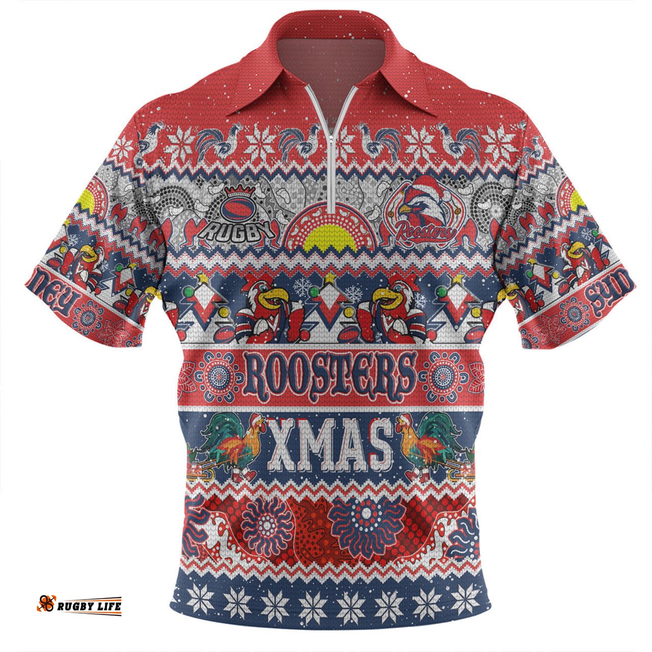 Sydney Roosters Christmas Aboriginal Custom Zip Polo Shirt - Indigenous Knitted Ugly Xmas Style Zip Polo Shirt