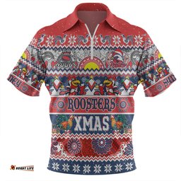 Sydney Roosters Christmas Aboriginal Custom Zip Polo Shirt - Indigenous Knitted Ugly Xmas Style Zip Polo Shirt