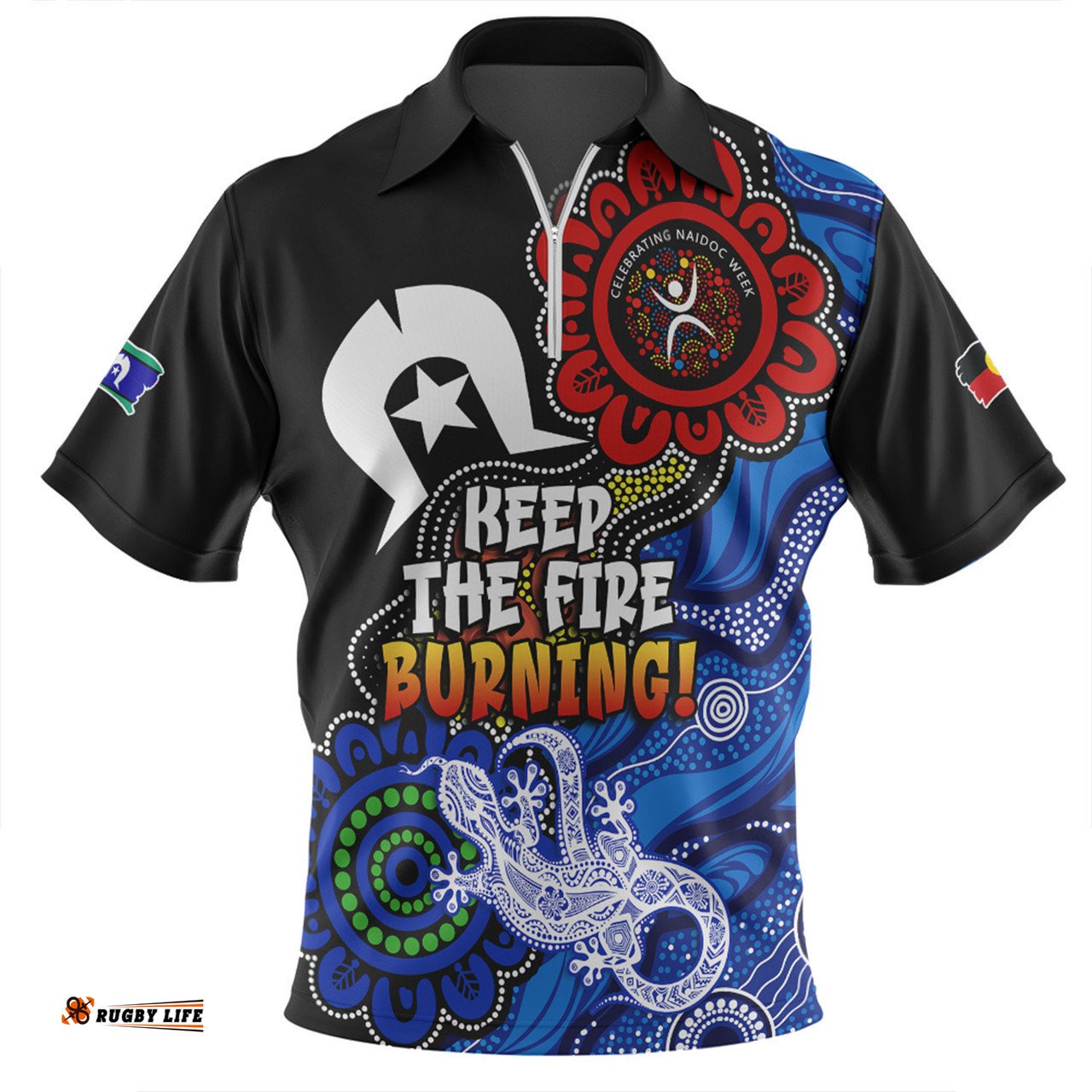 Australia Zip Polo Shirt Naidoc Week 2024 Indigenous Keep The Fire Burning Aboriginal Dot Art Painting