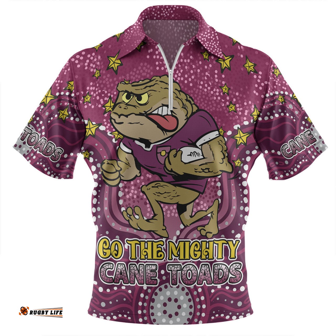 Queensland Cane Toads Custom Zip Polo Shirt - Custom With Aboriginal Inspired Style Of Dot Painting Patterns  Zip Polo Shirt