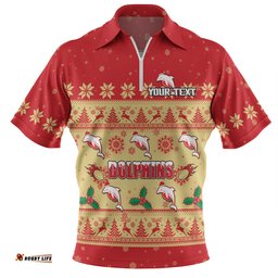 Redcliffe Dolphins Christmas Custom Zip Polo Shirt - Special Ugly Christmas Zip Polo Shirt
