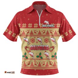 Redcliffe Dolphins Christmas Custom Zip Polo Shirt - Special Ugly Christmas Zip Polo Shirt