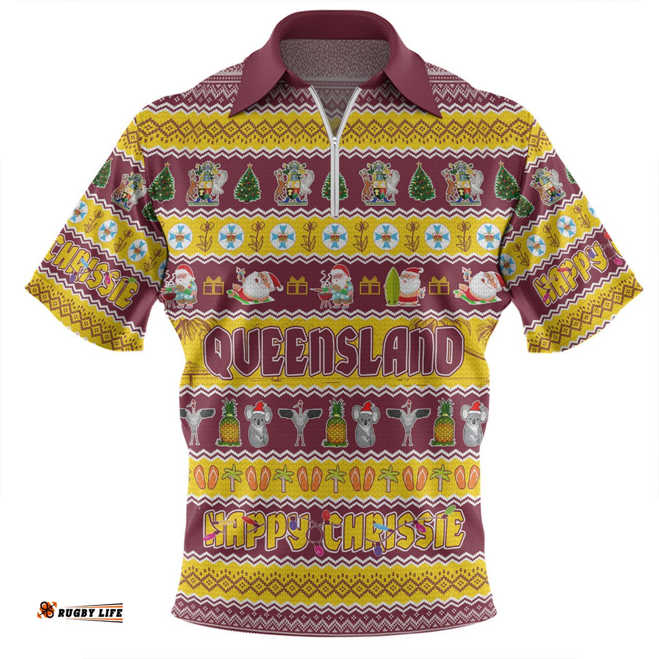 Queensland Christmas Custom Zip Polo Shirt - Happy Chrissie Ugly Style Zip Polo Shirt