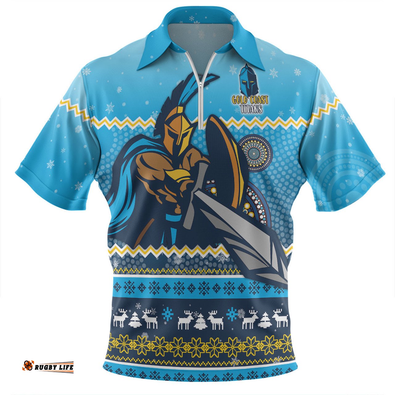 Gold Coast Titans Christmas Custom Zip Polo Shirt - Ugly Xmas And Aboriginal Patterns For Die Hard Fan Zip Polo Shirt
