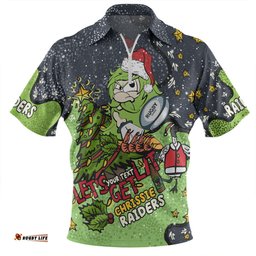Canberra Raiders Christmas Custom Zip Polo Shirt - Let's Get Lit Chrisse Pressie Zip Polo Shirt