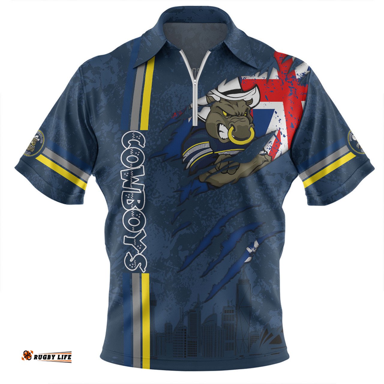 North Queensland Cowboys Zip Polo Shirt - Happy Australia Day Flag Scratch Style