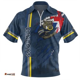 North Queensland Cowboys Zip Polo Shirt - Happy Australia Day Flag Scratch Style