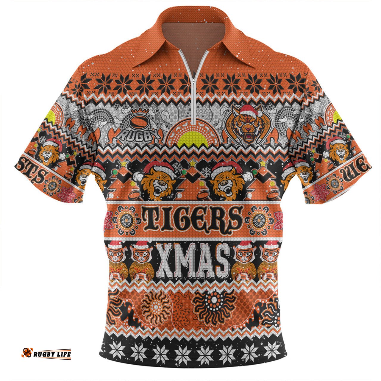 Wests Tigers Christmas Aboriginal Custom Zip Polo Shirt - Indigenous Knitted Ugly Xmas Style Zip Polo Shirt