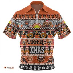 Wests Tigers Christmas Aboriginal Custom Zip Polo Shirt - Indigenous Knitted Ugly Xmas Style Zip Polo Shirt
