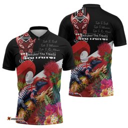 Aotearoa Toitu Te Tiriti Zipper Polo Shirt Waitangi-Honour The Treaty NZ Tuatara and Plants LT03
