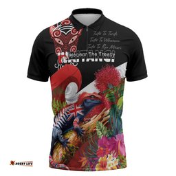 Aotearoa Toitu Te Tiriti Zipper Polo Shirt Waitangi-Honour The Treaty NZ Tuatara and Plants LT03