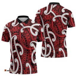 Aotearoa Maori Kowhaiwhai Zipper Polo Shirt Whero Puhoro and Patiki LT9