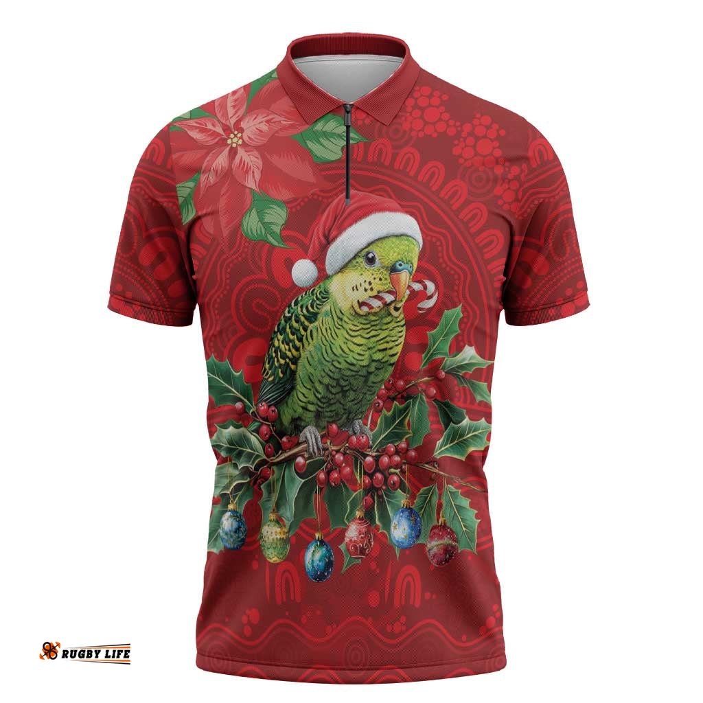Aussie Green Budgerigar Zipper Polo Shirt Aboriginal Inspired Christmas LT9