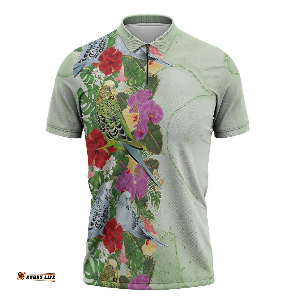 Aussie Budgies Blue And Green Tropical Birds Zipper Polo Shirt LT9