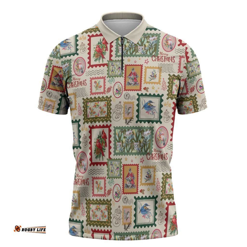 Aussie Birds Christmas La La Land Zipper Polo Shirt Beige Vintage Stamp Edition LT9