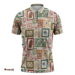 Aussie Birds Christmas La La Land Zipper Polo Shirt Beige Vintage Stamp Edition LT9