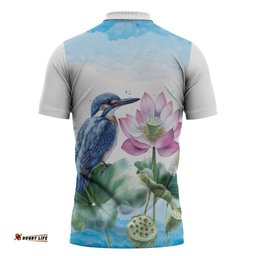 Australia Azure Kingfisher Zipper Polo Shirt Ceyx Azureus Sacred Lotus Watercolor LT14
