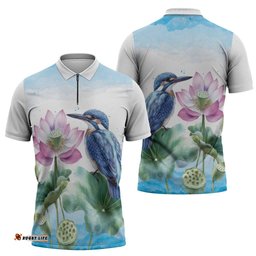 Australia Azure Kingfisher Zipper Polo Shirt Ceyx Azureus Sacred Lotus Watercolor LT14