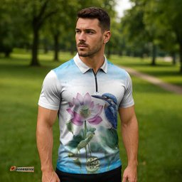 Australia Azure Kingfisher Zipper Polo Shirt Ceyx Azureus Sacred Lotus Watercolor LT14