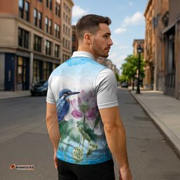 Australia Azure Kingfisher Zipper Polo Shirt Ceyx Azureus Sacred Lotus Watercolor LT14