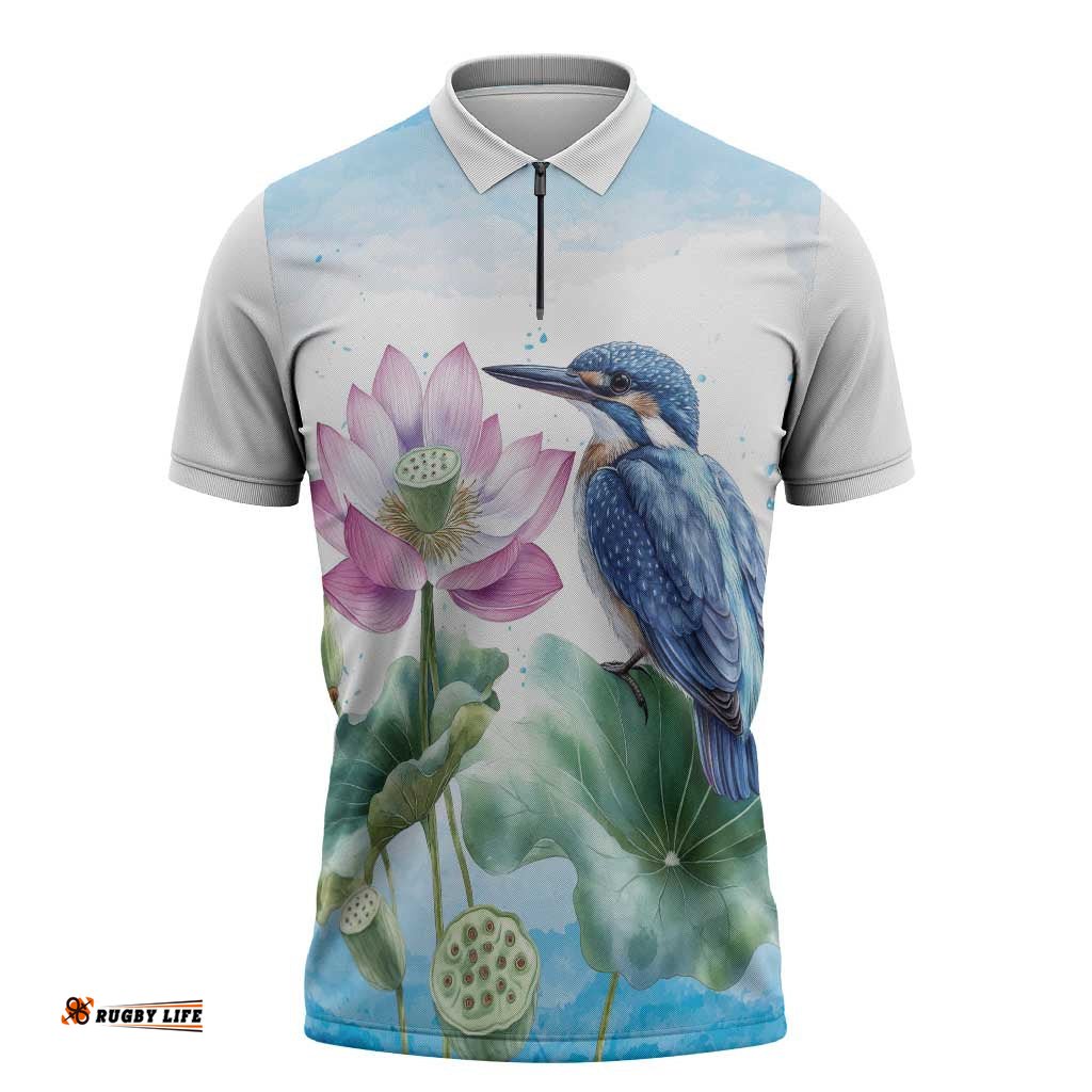 Australia Azure Kingfisher Zipper Polo Shirt Ceyx Azureus Sacred Lotus Watercolor LT14