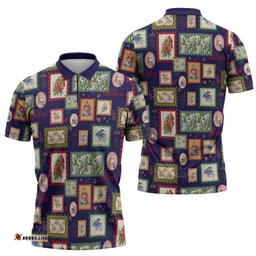 Aussie Birds Christmas La La Land Zipper Polo Shirt Navy Blue Vintage Stamp Edition LT9