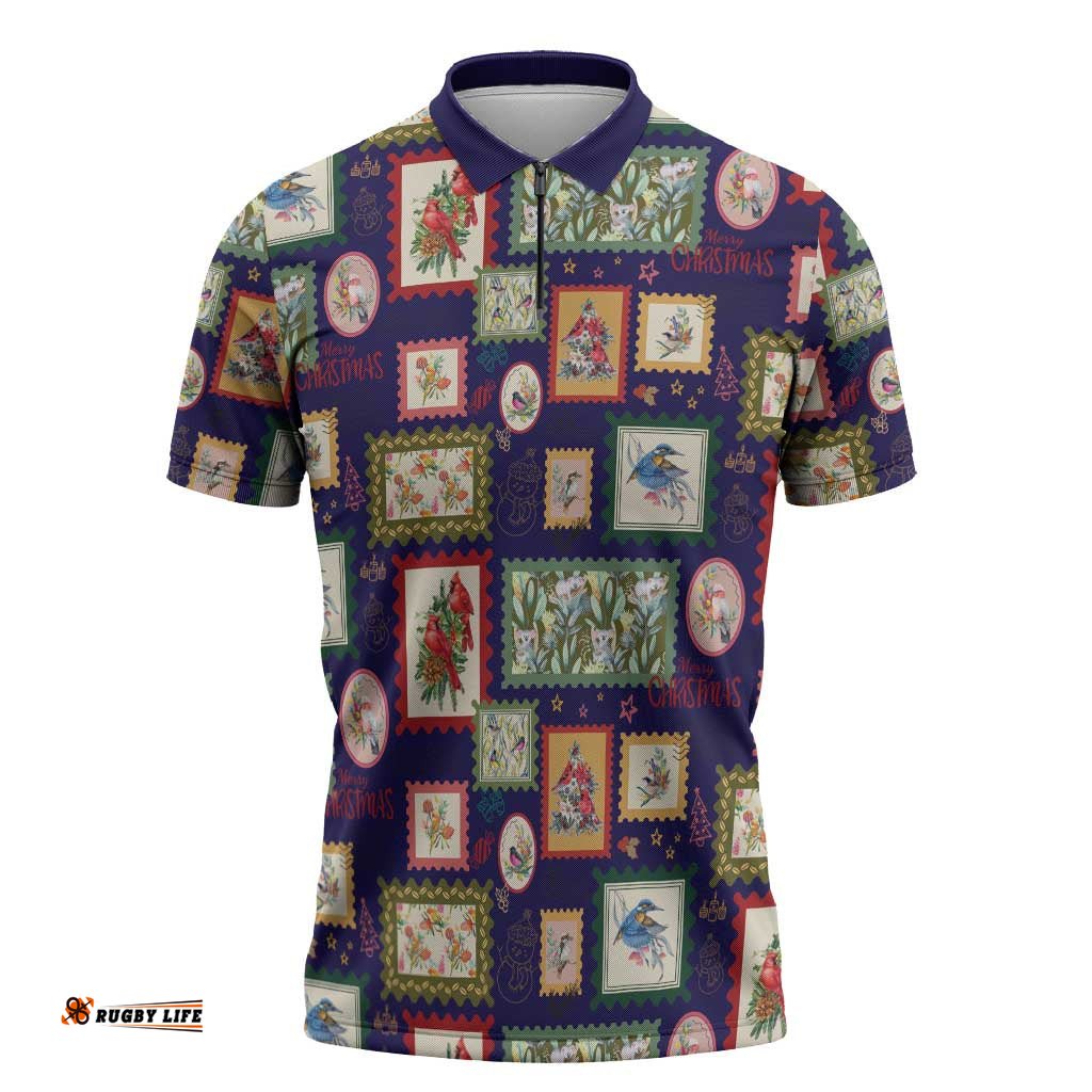 Aussie Birds Christmas La La Land Zipper Polo Shirt Navy Blue Vintage Stamp Edition LT9