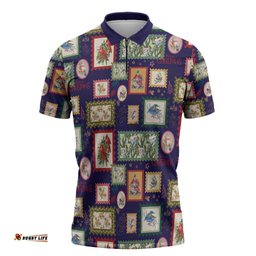 Aussie Birds Christmas La La Land Zipper Polo Shirt Navy Blue Vintage Stamp Edition LT9