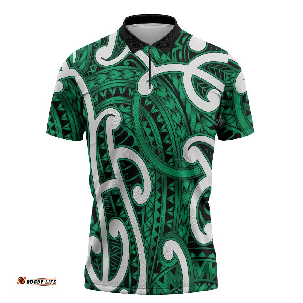 Aotearoa Maori Kowhaiwhai Zipper Polo Shirt Kakariki Puhoro and Patiki LT9