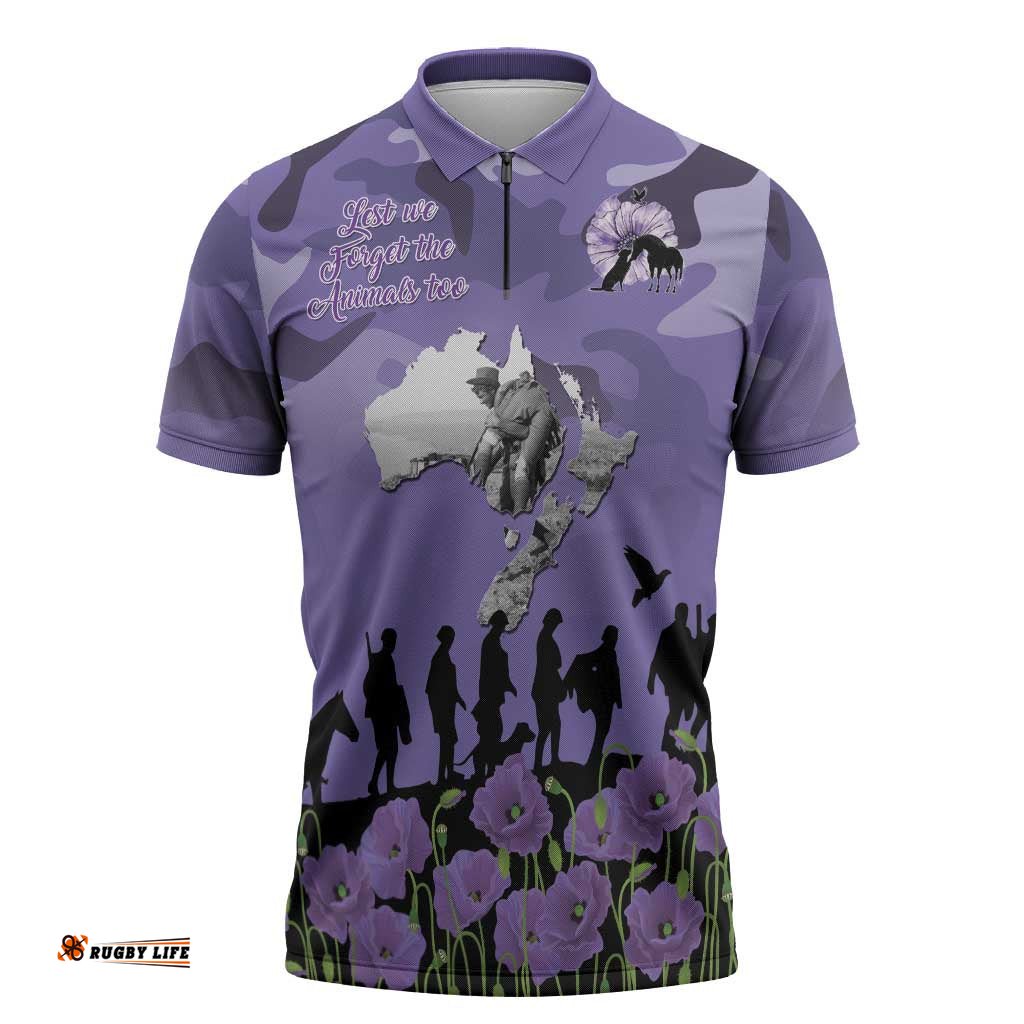 ANZAC Day Zipper Polo Shirt Lest We Forget the Animals Too LT19