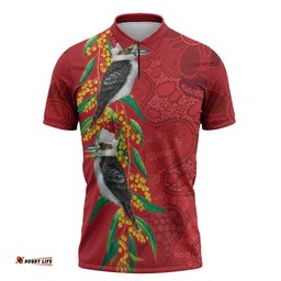 Aussie Kokaburra Golden Wattle Christmas Zipper Polo Shirt Aboriginal Dots Painting Red Motif LT9