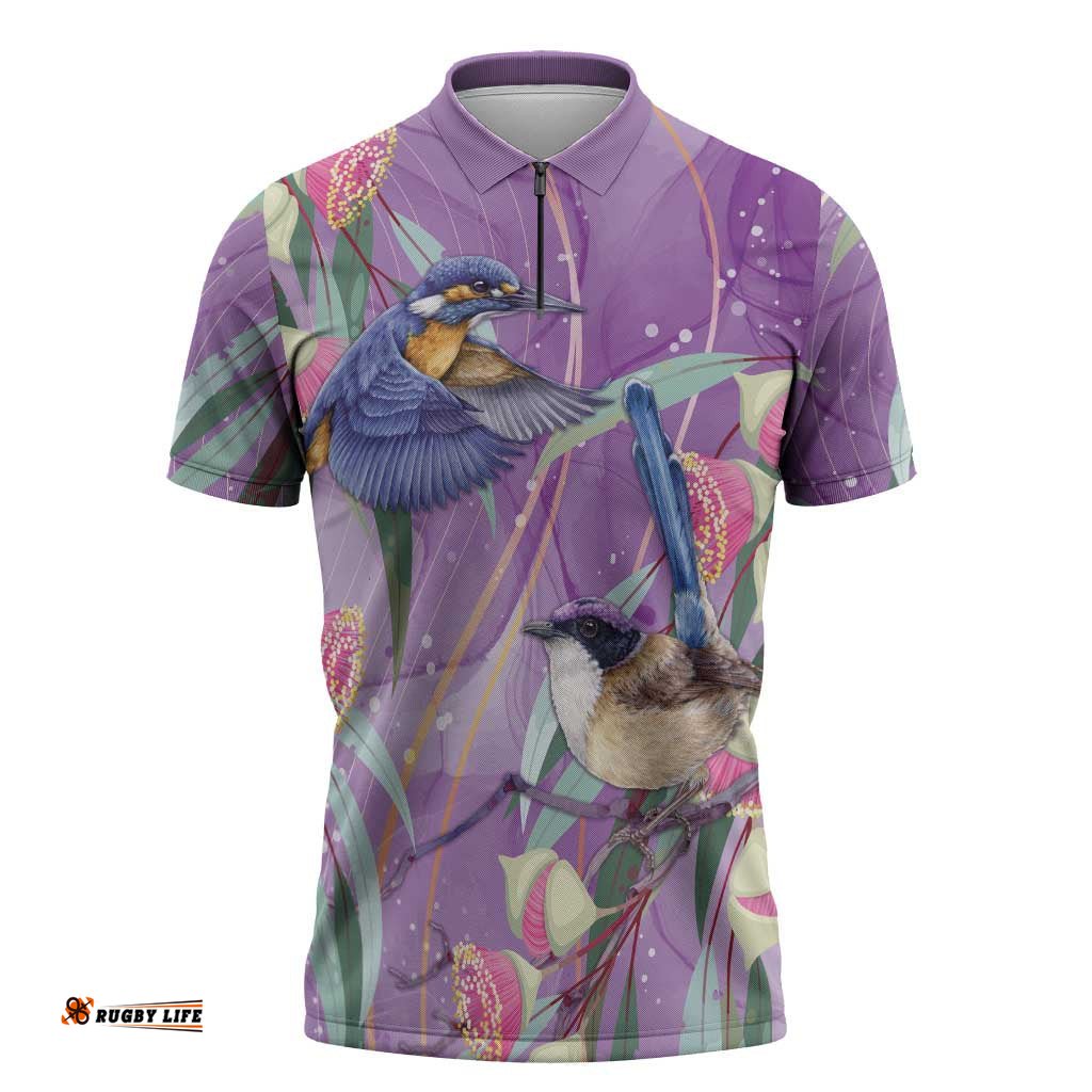 Australia Epilepsy Awareness Zipper Polo Shirt Purple Fairy Wren with Eucalyptus Flowers LT7