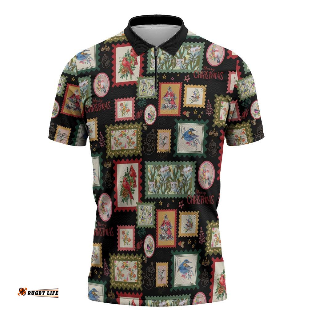 Aussie Birds Christmas La La Land Zipper Polo Shirt Black Vintage Stamp Edition LT9