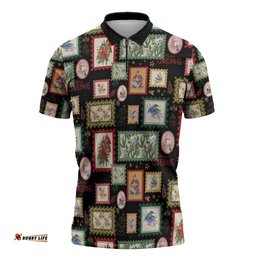 Aussie Birds Christmas La La Land Zipper Polo Shirt Black Vintage Stamp Edition LT9