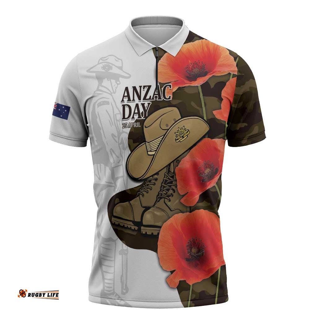 Australia ANZAC Day Zipper Polo Shirt Boots And Slouch Hat Lest We Forget LT14