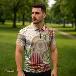 Australia Banksia Zipper Polo Shirt Aussie Native Flowers Indigenous Art LT14