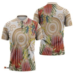 Australia Banksia Zipper Polo Shirt Aussie Native Flowers Indigenous Art LT14