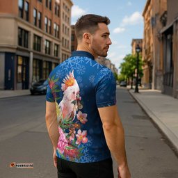 Australia Christmas Pink Cockatoo with Banksia Zipper Polo Shirt Snowy Blue LT7