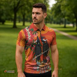 Australia Black Cockatoo Christmas Zipper Polo Shirt Banksia Bottlebrush Aboriginal Art LT14