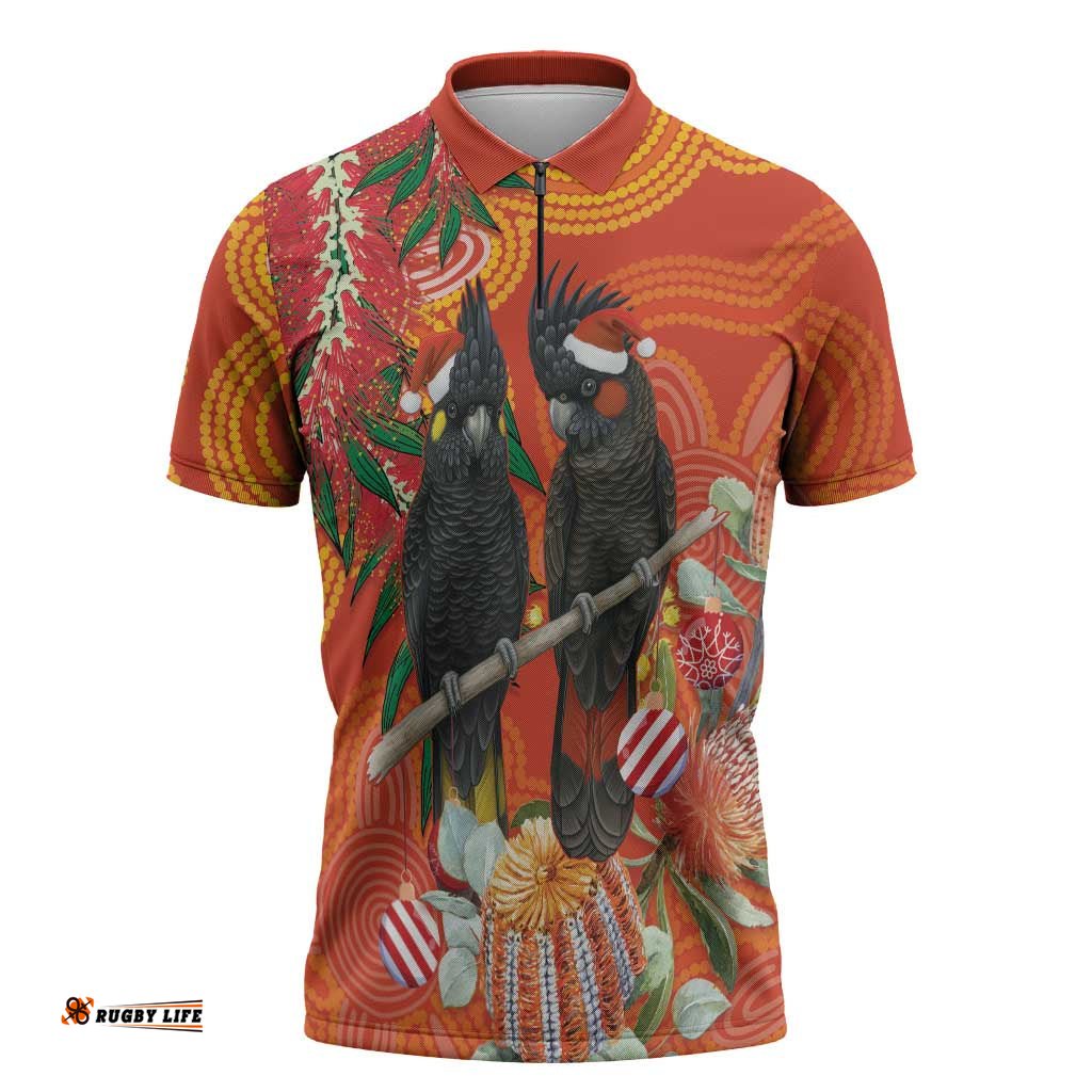 Australia Black Cockatoo Christmas Zipper Polo Shirt Banksia Bottlebrush Aboriginal Art LT14