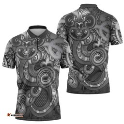 Aotearoa Maori Hei Tiki Zipper Polo Shirt Kiwikiwi Kowhaiwhai Puhoro Motif LT9